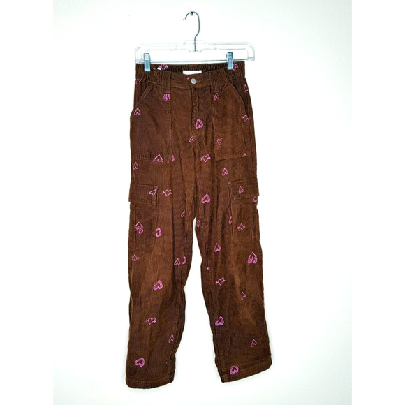 PacSun Brown Corduroy Heart Embroidered Pink High Rise Cargo Straight Pocket XS - Picture 1 of 9